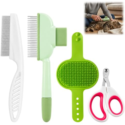 4-Teiliges Katzenbürste Set, Katzen Bürste, Fellbürste katze, Entfernung von Haaren und Flöhen, Mit Kratzbaum und Nagelschere, Für Langhaar- und Kurzhaarkatzen