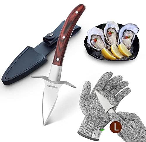 SPEENSUN Austernmesser,Austernmesser Und Handschuh,Austern Set mit Premium-Holzgriff,Edelstahl Austernöffner mit Handschuhe mit Schutzstufe 5 (L) Oyster Messer