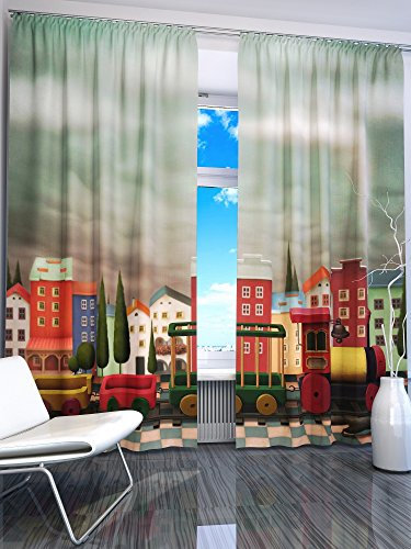 Lemare Deko-Vorhänge Digitaldruck | Kinderzimmer | Eisenbahn | Dampflok | Dicker Vorhang Blickdicht | 2 STK. 145x260 cm