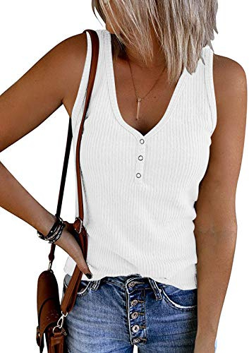MEROKEETY Women's 2026 Summer Sleeveless Tank Tops V Neck Ribbed Dressy Casual Henley Shirts Button Loose Cami Tees, White, L