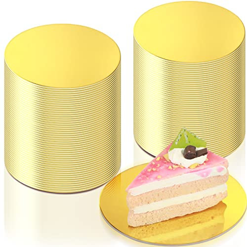 Honeydak 50 Pack Golden Cake Base Grease Proof Circle Plate Cardboard Rounds Mini Boards Laminated Mousse 4 Inch for Kitchen Baking Caking Pizza Dessert Cupcake Tiered Tray Display