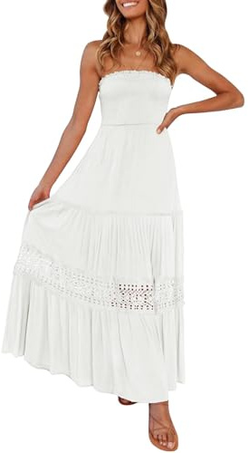 ZESICA Women's 2025 Summer Bohemian Strapless Off Shoulder Lace Trim Backless Flowy A Line Beach Long Maxi Dress,White,Small