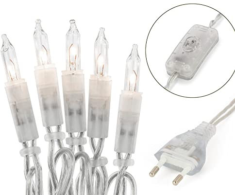 hellum Lichterkette innen strombetrieben, Lichterkette 20 Lichter Ersatzbirnen klare warme, beleuchtete Länge 1,35m, Kabel transparent mit Schalter und Stecker für Weihnachten 832068
