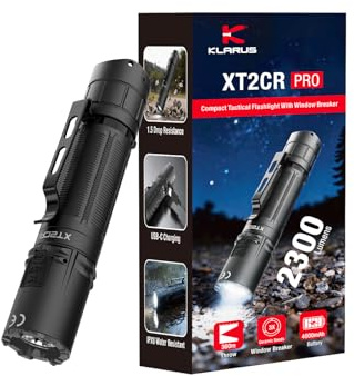klarus XT2CR PRO Taktische Taschenlampe – 2300 Lumen, 360 m Leuchtweite, reinweiße LED, USB-C-aufladbar, IPX8 wasserdicht, 72,5 Stunden Laufzeit, Doppelschalter am Lampenende