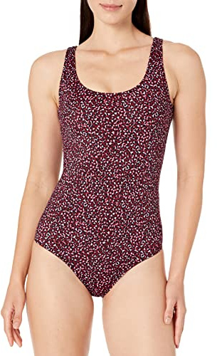 Amazon Essentials Maillot de Bain Une pièce à Couverture complète (Grandes Tailles Disponibles) Femme, Rouge Brique Léopard, 42