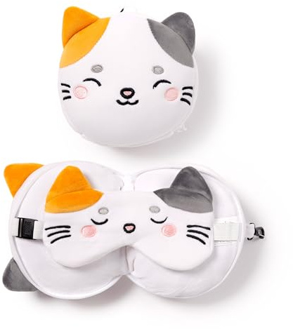 Relaxeazzz Adoramals Pets Lola the Cat Round Plush Travel Pillow & Eye Mask - Sleep Eye Mask Masks - Kids Travel Accessories For Sleeping Airplane - Flight Plane Neck Pillow Pillows