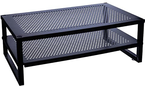 Amtido Metal Monitor Stand Riser – Vented Ergonomic Desk Monitor Riser for Home Office – Black Steel Construction to Improve Posture and Storage with Extra Shelf for Work Office Accessories