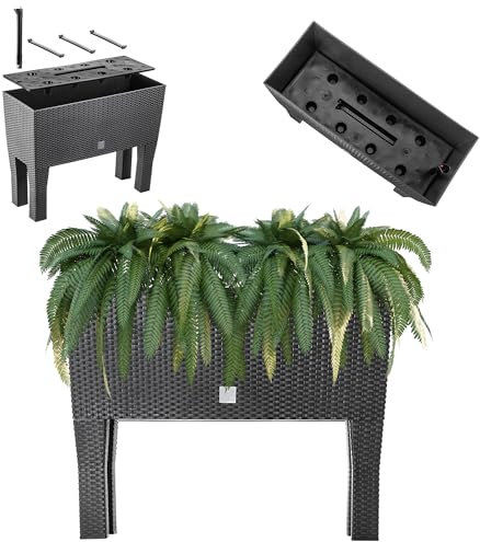 KADAX Maceta con patas, bancal de plástico en 2 tamaños, jardinera con diseño de ratán, jardinera para jardín, balcón, terraza, macetero, jardinera para hierbas (60 cm/antracita)