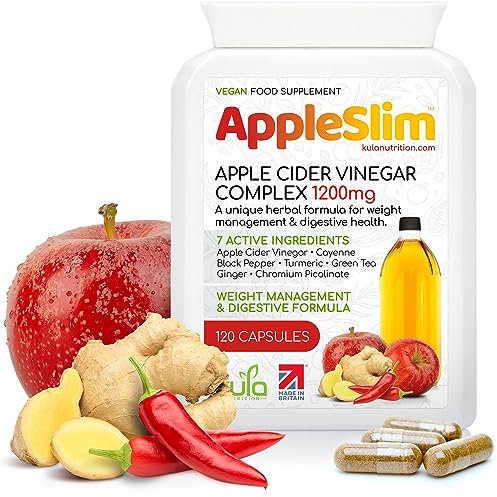 AppleSlim – Raw Unfiltered Apple Cider Vinegar Capsules Complex for Weight Management and Digestion - Green Tea, Ginger, Turmeric, Black Pepper and Chromium - Blood Sugar Support - 120 Vegan Tablets