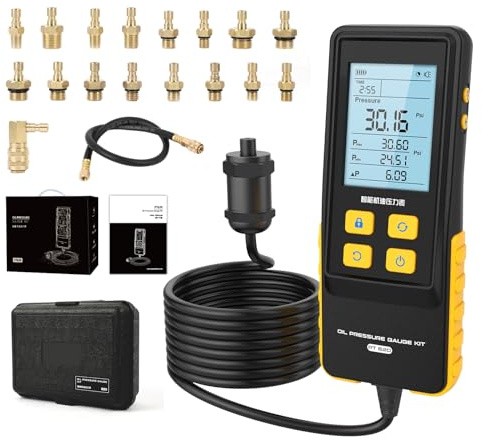 QPKING Digitaler Öldruckprüfer PT620, 0–29,4 bar, Adapterset | 2,8-Zoll-Display, 3 Einheiten, 17-teiliges Adapterset, Haltefunktion, Koffer, für Benzinmotoren, 4 AAA nötig