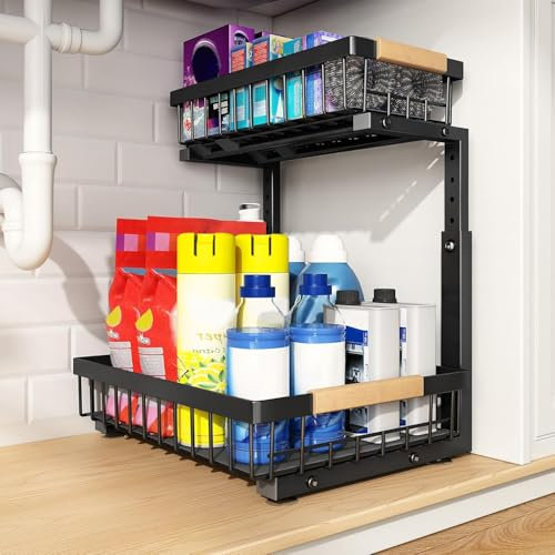 PXRACK Organizador grande para debajo del fregadero, altura ajustable, 2 niveles, estante de metal grueso debajo del fregadero para cocina, baño, gabinete, despensa, negro, 1 paquete, pequeño ahorro