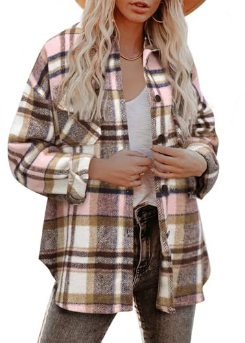 Zeagoo Damskjortjacka, rutig jacka, långärmad shacket, kappa, flanelljacka, skjortblus med knappar, ROSA, XS