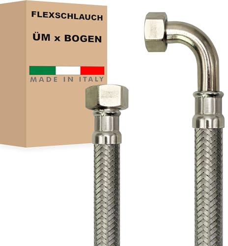 Flexschlauch DN13-1/2 Edelstahl Panzerschlauch Sanitär Hauswasserwerk - Made in Italy (1/2 ÜM x 1/2 BOGEN, 150 cm)