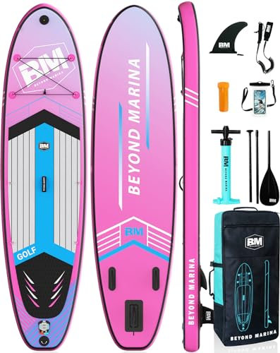 BEYOND MARINA Sup Board, Stand Up Paddling Board, Paddle Board, Aufblasbares Paddleboard Surfboard Wassersport, Sitz, 2-in-1 Paddel, Pumpe, Rucksack, Leash, 320 x81 x15CM, Streifen-Rosa