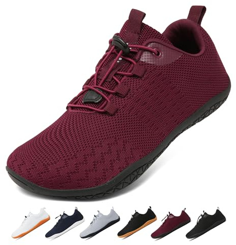 Geweo Barfotaskor Herr Dam Sommar Barefoot Shoes med Bred Tåbox Andas Halkfria Terrängskor Gymnastikskor Lätta Bekväma Zero-Drop Sulor Löparskor Fitness Sneakers Unisex Vinröd 43EU