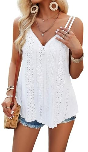 Haibang Debardeur Femme Chic et Élégant Été Top Sexy à col en V Caraco Dentelle sans Manche Bretelles Spaghetti Cami Haut Lâche Chemise Oeillet Broderie Camisole Mode Casual Tank Tops