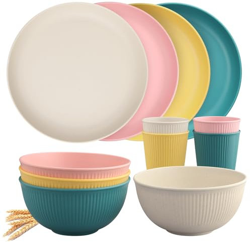 TANiCE Set di Piatti Tazze 12 Pz per 4 Persone Leggeri e Riutilizzabili Set Piatti Ciotole Insalata Biodegradabili per la Casa o da Campeggio in 4 Colori Resistente a temperature inferiori a 100°C