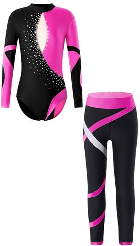 Kvysinly Kinder Mädchen Gymnastikanzug Langarm Turnanzug Glitzer Ballett Trikot Body Turnbody mit Leggings Lang Sporthose Tanzkleidung Turnkleidung Hot Pink 134-140