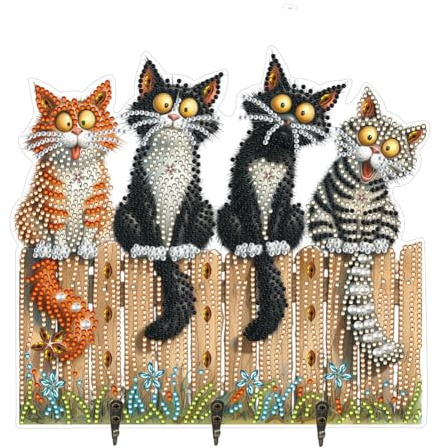 Generish Diamant Kunst Malerei Schlüsselhalter,Katze Diamond Painting Schlüsselbrett Holz mit 3 Schlüsselhaken, Schlüsselbrett Geeignet für Eingangsbereich, Haustür, Flur, Schlafzimmer, Büro