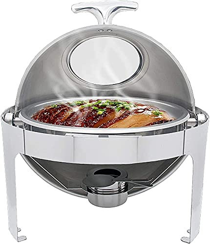Roll Top Chafing Dish, 6.8L Stainless Steel Chafer with Visible Window, Round Buffet Food Warmer Set with Food Pan, Water Pan and Fuel Holders (Silver)