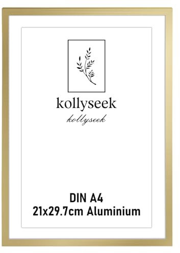 kollyseek Photo Frame Aluminum Din A4 21x30cm Metal Poster with Shatterproof Acrylic Glass Modern Display Picture Frame with Mount for Table Top/Wall Mounting (Gold)