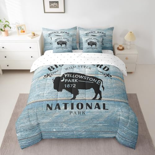 Feelyou Buffalo Bedding Set Wild American Bison Comforter Set 7 Pieces Room Decor Cartoon Wild Animal Wildlife Wood Grain Bed in a Bag King Size Blue Bed Set with Comforter, Sheet Set, Pillowcases