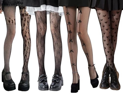 Celiodd 4er Pack Netzstrumpfhosen Damen Schwarz, Fishnet Tights mit Muster, Geeignet für Mädchen