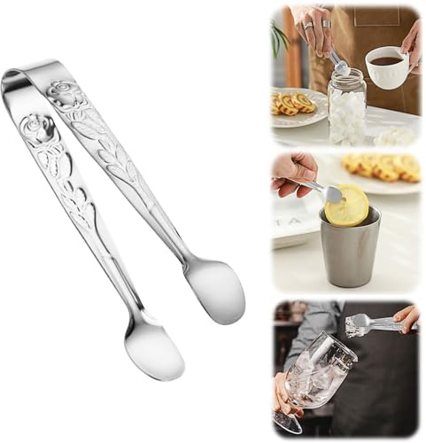 Vintage Rose Handle Sugar Tongs,Rose Relief Stainless Steel Ice Cube Clips Sugar Tongs Small Food Clips for Tea and Coffee Party, Appetizers Desserts Kitchen Barware (silver)