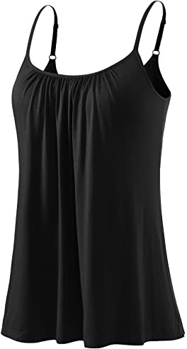 Knuffnee Women's Camisole with Built Bra Flowy Loose Fit Cami Pleated Adjustable Strap Vest Tops Black M
