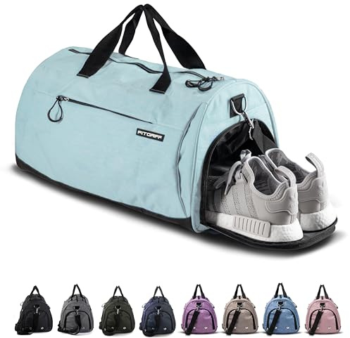 Fitgriff® Bolsa Deporte V1 Mujer y Hombre - Bolso de Gimnasio con Compartimento para Zapatos y Humeda, para Viaje, Entrenamiento - Gym Bag (Cyan, 58 x 31 x 31 cm (Medium))