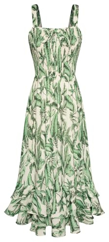 Grace Karin Vestito lungo estivo da donna arricciato con spalline e stampa floreale, scollo quadrato, orlo a doppio strato, XL