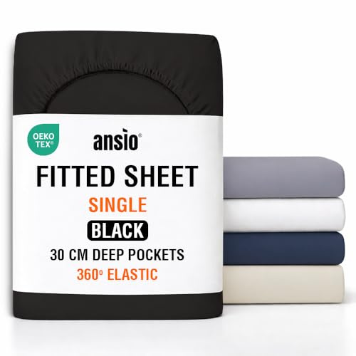 ANSIO® Single Fitted Sheet Soft Brushed Microfibre Fabric – Deep Pocket 30cm – All-Around Elastic – OEKO-TEX Certified – Easy Care & Naturally Smooth After Wash - Black