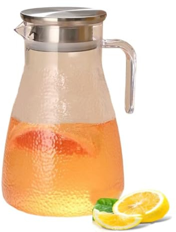 Kunststoff-Krug mit Deckel, 1.5L Wasserkaraffe mit Edelstahl Deckel, Wasserkrug für Kühlschrank, Wiederverwendbare Fruchtsaftdosen Ohne BPA-Frei, Eistee, Kaffee und Milch, Kalte oder Getränke