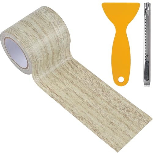 CRASPIRE 180x2.24 Nastro Effetto Legno Giallo Chiaro Toppa Realistica Autoadesiva Multiuso Set di Utensili Raschietto Multiuso PE Durevole Finto Legno per Tavolo Mobili Rinnovo Armadi con Spatola