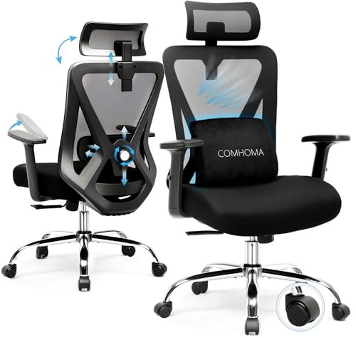 COMHOMA Bürostuhl Ergonomisch [TESTSIEGER], Schreibtischstuhl mit 3D-Kopfstütze & 3D-Lendenwirbelstütze, verstellbare Armlehnen, Office Chair mit Wipp- und Kippfunktion