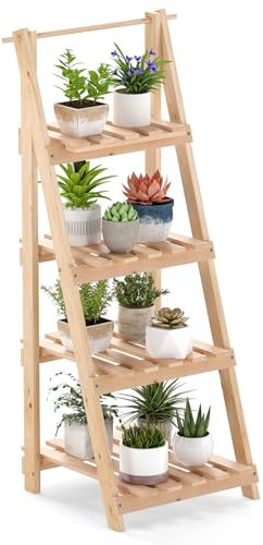 COSTWAY Scaffale Porta Piante a Scala Pieghevole, Scaffale per Vasi in Legno a 4 Livelli, Supporto Porta Fiori da Interno per Soggiorno Camera da Letto, Balcone