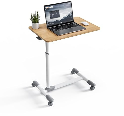 ETHU Betttisch auf Rollen, Ergonomischer Mobiler Pflegetisch 62-77 cm, Höhenverstellbarer Laptoptischfür Kranken, Büro, Zuhause (Helle Holz)