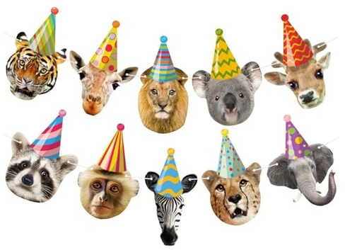 Safari Animals Happy Birthday Banner – Jungle Zoo Animal Decorations with 10 Safari Characters and Ribbon – Forest Theme Party Supplies for Kids Birthday, Wild Jungle Baby Shower, Zoo Party Decor