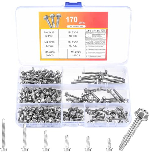 170 PcsTornillos Autotaladrantes, M4.2 Tornillos Roscachapas, Tornillos Autorroscantes para Metal, Tornillo Roscachapa Hexagonal Acero Inox 304 para Tejado Chapa Trapezoidal Chapas Metalicas