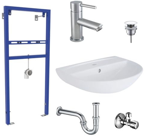Belvit Waschbecken Komplettset 55 cm Keramik mit Armatur, Vorwandelement, Siphon, Pusher, und SCHELL Eckventil