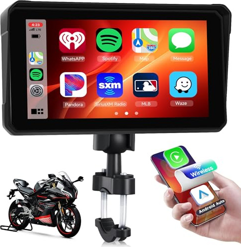 Rimoody Motorcykel trådlös bilradio Carplay, 6 tum pekskärm för motorcykel, IP68 vattentät med Android Auto Airplay/Android Cast/Bluetooth/däcktrycksdetektering TF