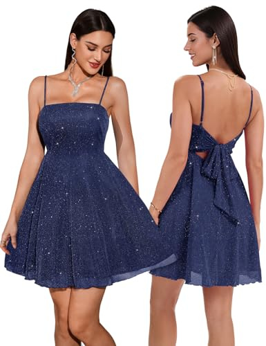DRESSTELLS Women's Sparkly Cocktail Dress 2026, Short Graduation Prom Dress for Teens, Fancy Sleeveless Glitter Formal Party Dress for Homecoming Navy L