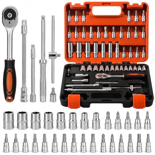 Byfoyif 53 Pcs Coffret Cliquet et Douille, Coffret Outils Mécanique Auto, Coffret Clé à Cliquet et Douille avec Adaptateur et Rallonge, Caisse à Outil Mécanique Automobile, pour Réparation Voiture