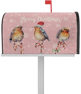 Merry Christmas Mailbox Covers Magnetic Standard Size 21 X 25.5 Inch Robins Stand on Candy Cane Snowflake Pink Decorative Mailbox Cover Post Letter Box Wrap for Garden Yard Home Outdoor Decoration