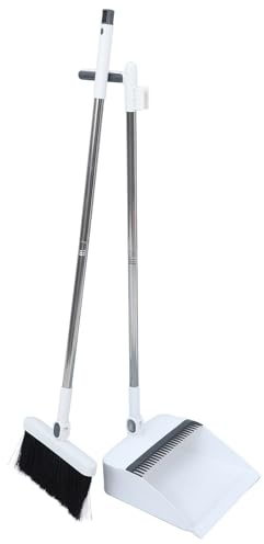Garneck 180degré Balai et Pelle à Poussière Blanche Pliable avec Manche Acier Inoxydable Poils Antiadhésifs pour Nettoyage des Sols