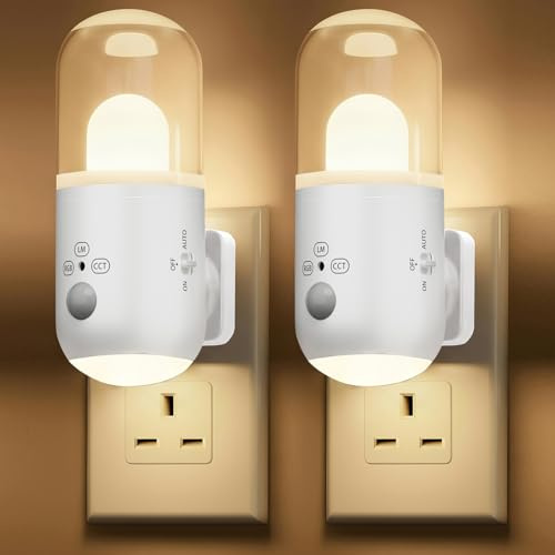 SuglanBee Night Light Plug in Wall with Motion Sensor & Dusk to Dawn Sensor, 3 Color Temperatures,5-Level Dimming (20-240 LM) RGB LED Night Light for Bedroom, Hallway, Stairs (White 2pcs)