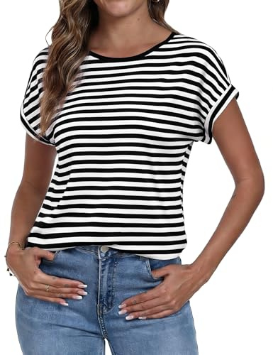 Terecey T-Shirt Donna Scollo Tondo a Maniche Corte a Strisce Maglia Slim Fit Shirt Stretch Elegante Basic Slim Fit 2026 Moda Estate Top