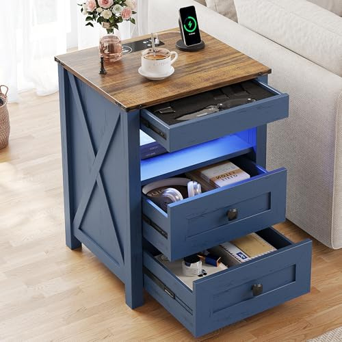 FREDEES LED Bedside Table with Hidden Drawer for Bedroom, Blue