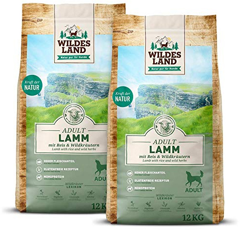 WILDES LAND – Lamm | Trockenfutter mit extra hohem Fleischanteil und natürlichen Zutaten für ausgewachsene Hunde. Alleinfutter ohne Zusatzstoffe im Beutel | 24kg Lamm