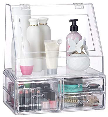 Relaxdays 10025098_50 Kosmetik Organizer Acryl, 2-teilige Make-Up Aufbewahrung mit 3 Schubladen u. Deckel, Stapelbar, transparent, H x B x T: ca. 34 x 30,5 x 19,5 cm